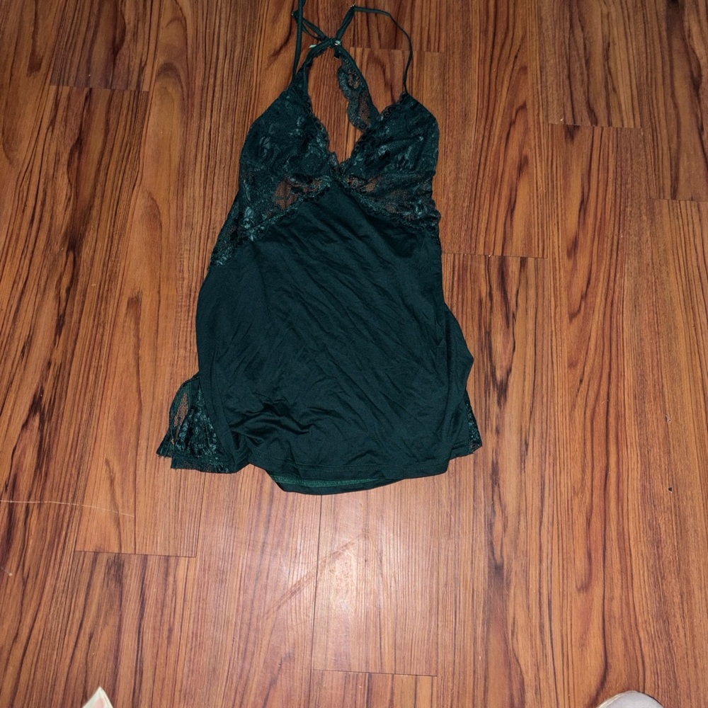 Lace-Trim Satin Chemise in Dark Green - Women's Intimates